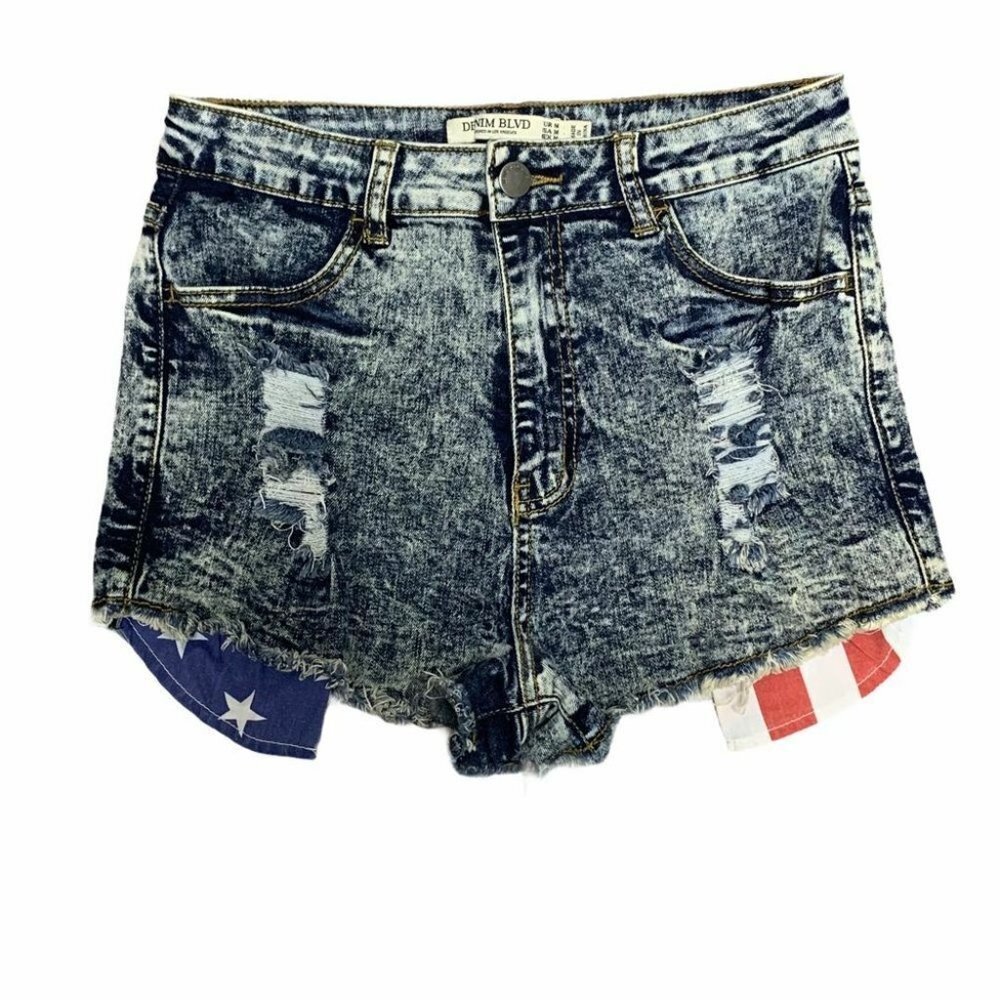 Denim Blvd High-Waisted Denim Shorts Medium 28W 12” High Rise USA Flag  4th July